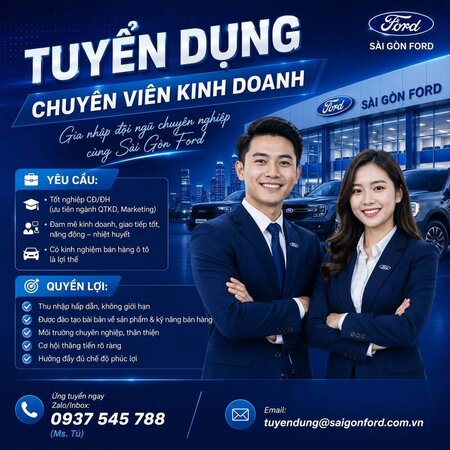 Công ty cổ phần dịch vụ Sài Gòn ô tô (Sài Gòn Ford) tuyển dụng 2026 với các vị trí như sau: